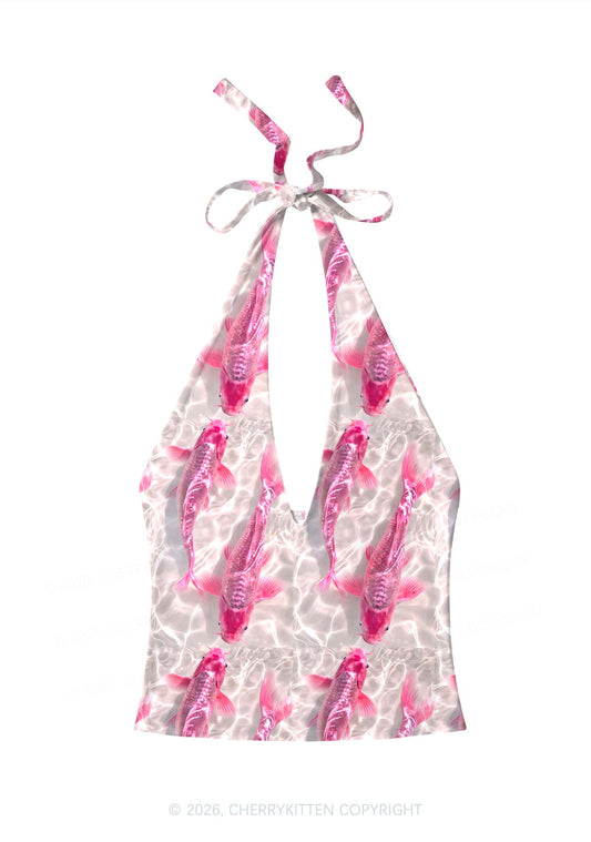Pink Carp Water Ripple Y2K Print Halter Deep V Neck Cami Cherrykitten