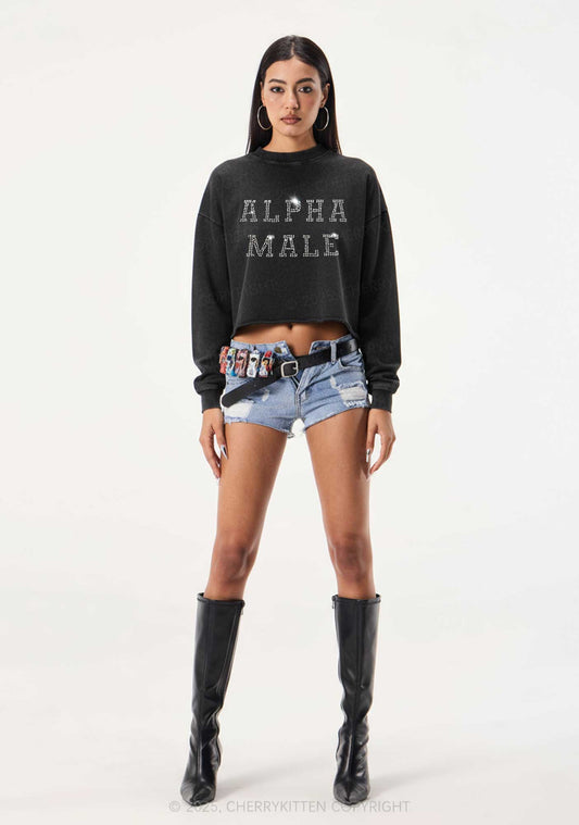 Rhinestone Alpha Male Y2K Crop Washed Sweatshirts Cherrykitten