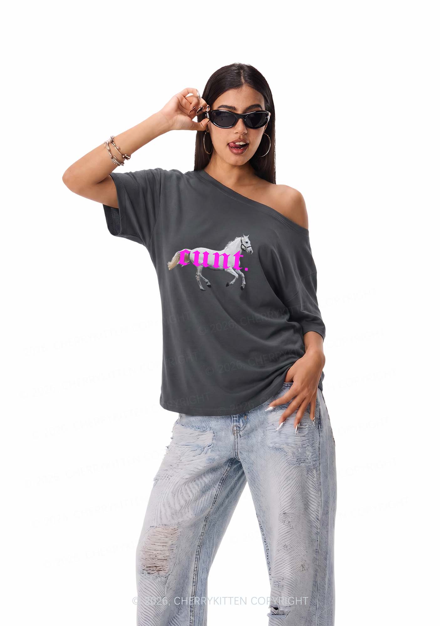Cxxt Horse Y2K Off Shoulder Tee Cherrykitten