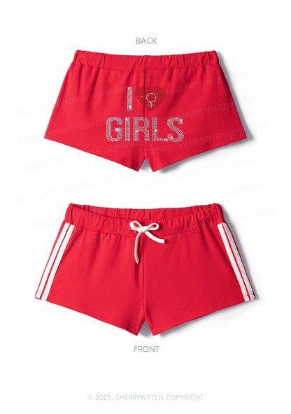Rhinestone I Love Girls Pride Y2K Drawstring Mini Shorts Cherrykitten