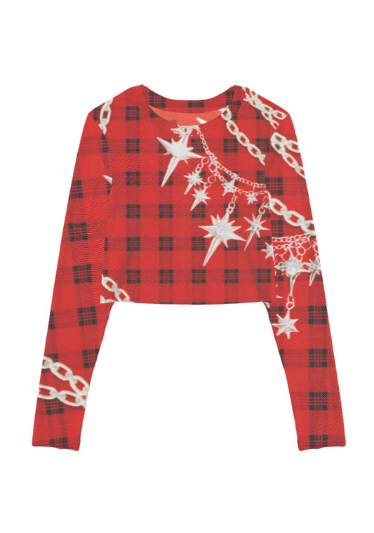 Star Chain Black Pattern Y2K Mesh Long Sleeve Crop Top Cherrykitten