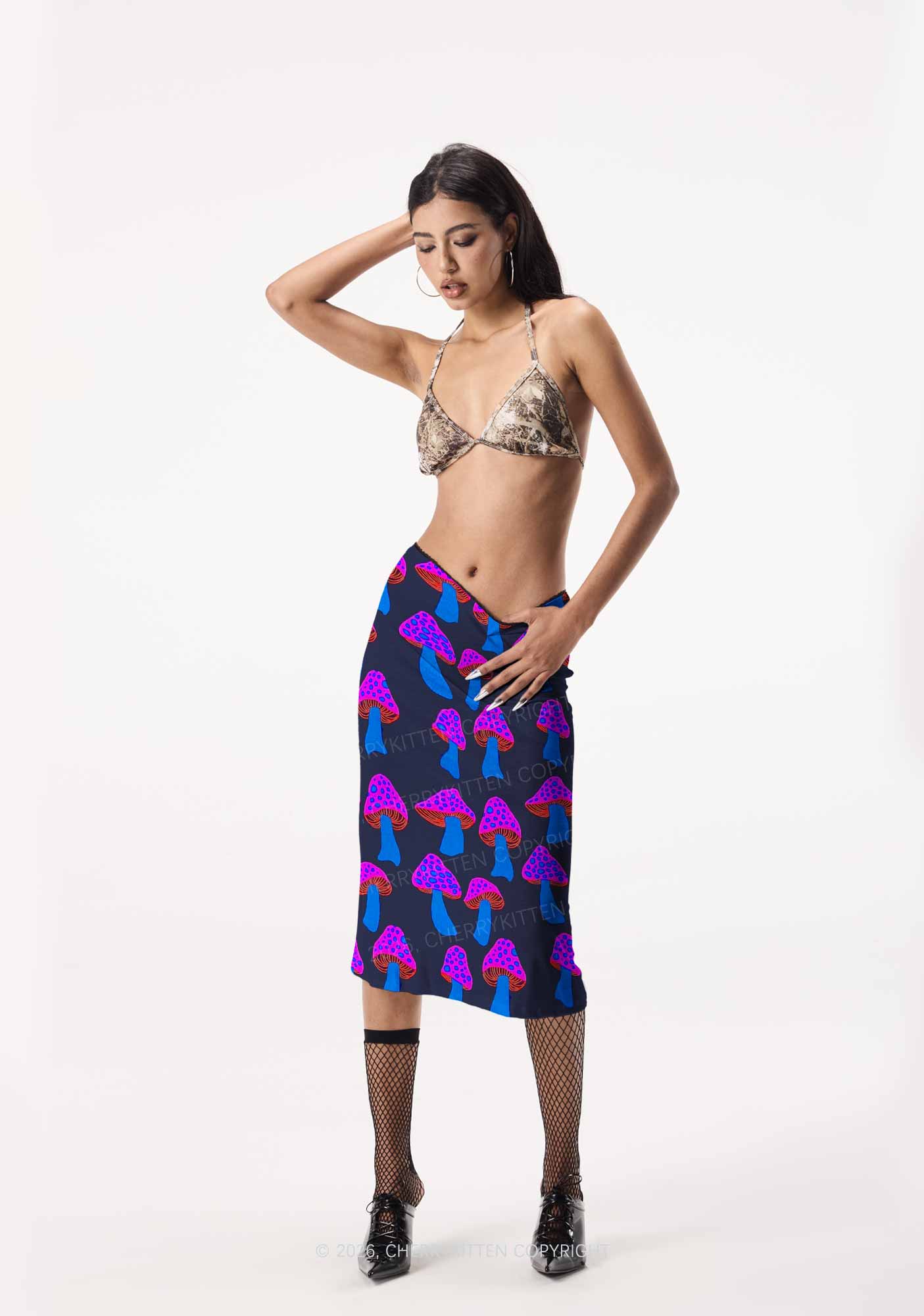 Blue Mushroom Y2K Print Midi Skirt Cherrykitten