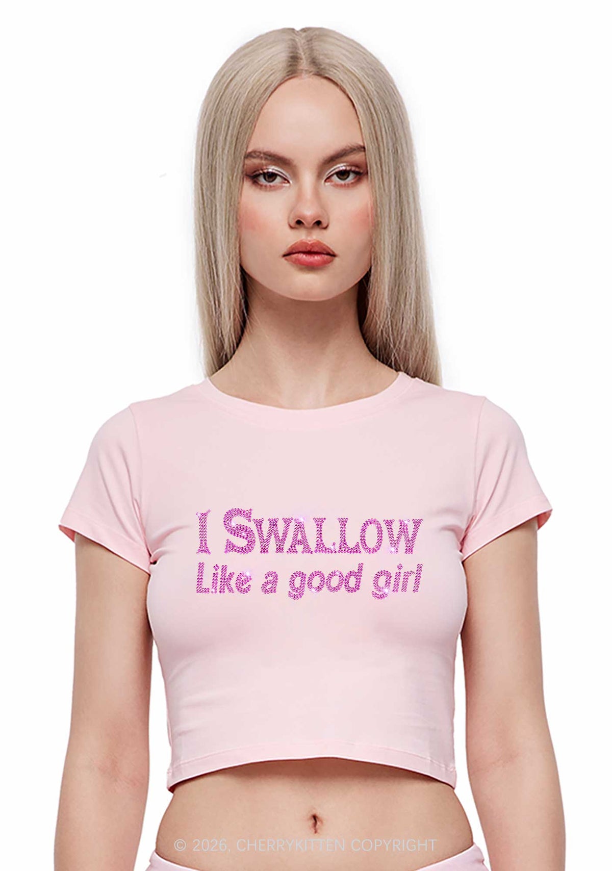 Rhinestone Swallow Like Good Girl Y2K Baby Tee Cherrykitten
