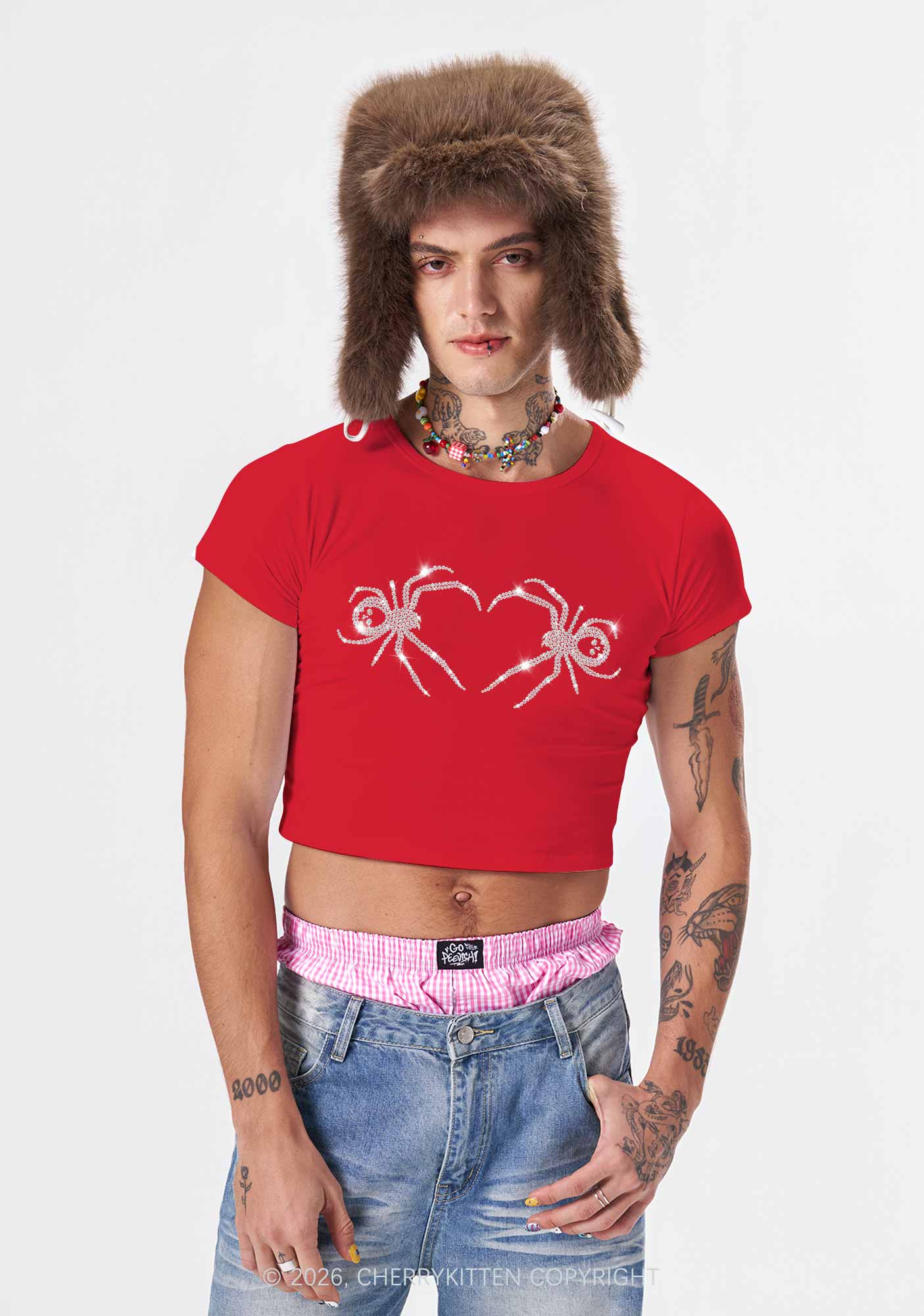 Rhinestone Skull Spider Y2K Baby Tee Cherrykitten
