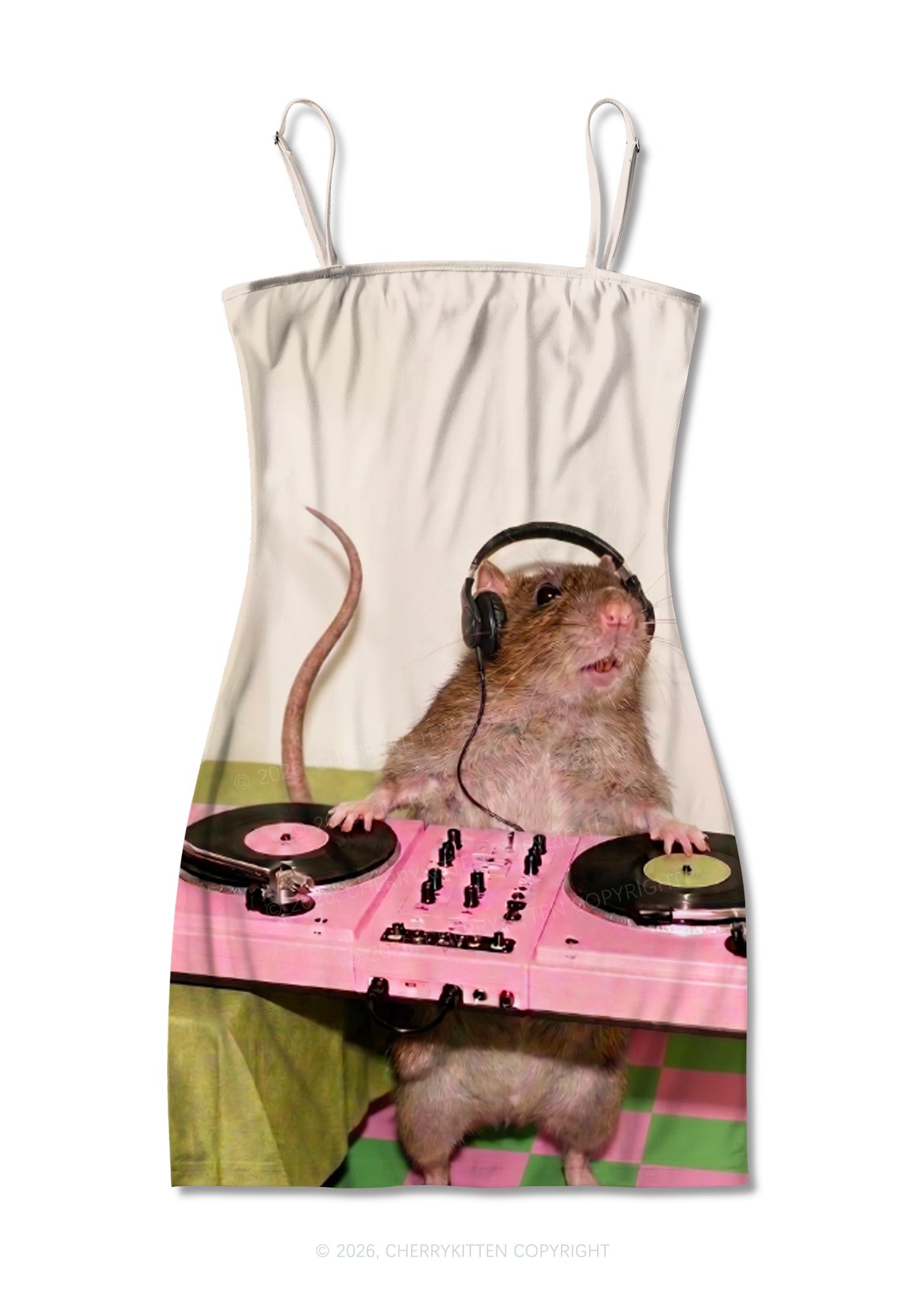Dj Rat Pink Turntable Y2K Print Slip Dress Cherrykitten