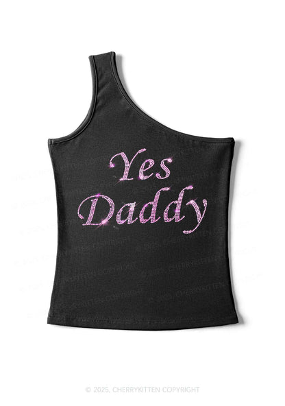 Rhinestone Yes Daddy Y2K One Shoulder Tank Top Cherrykitten
