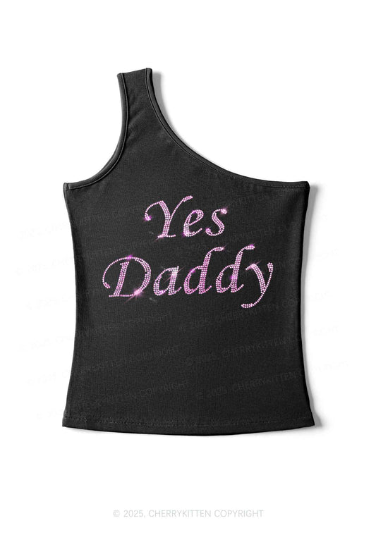 Rhinestone Yes Daddy Y2K One Shoulder Tank Top Cherrykitten