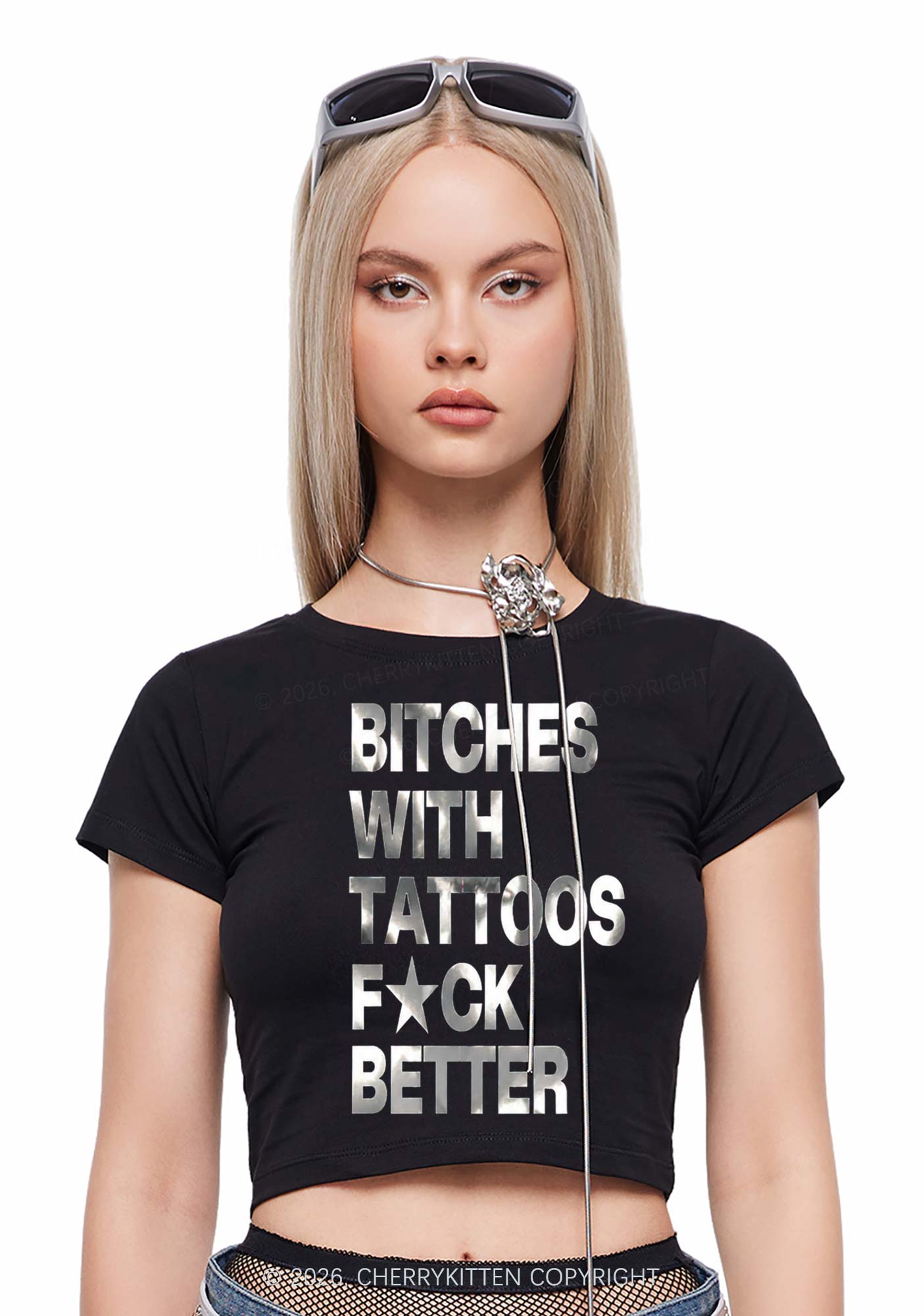 Bxxches With Tattoos Fxxk Better Silver Foil Printed Y2K Baby Tee Cherrykitten