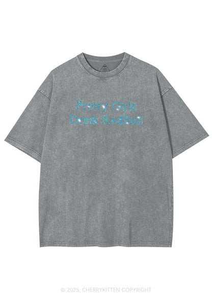 Rhinestone Pretty Girls Drink Redbull Y2K Shirts Washed Tee Cherrykitten