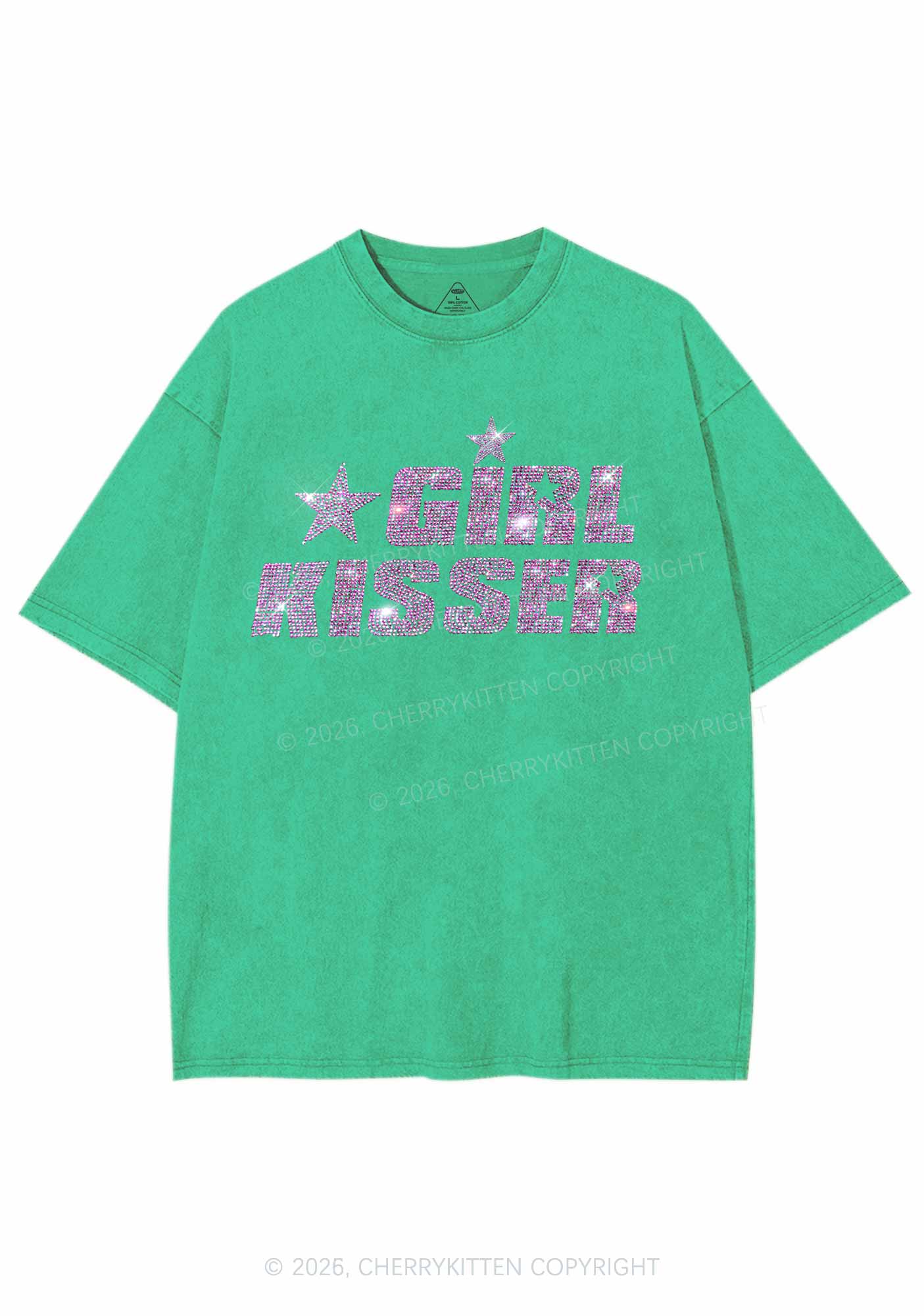 Rhinestone Girl Kisser Pride Y2K Shirts Washed Tee Cherrykitten