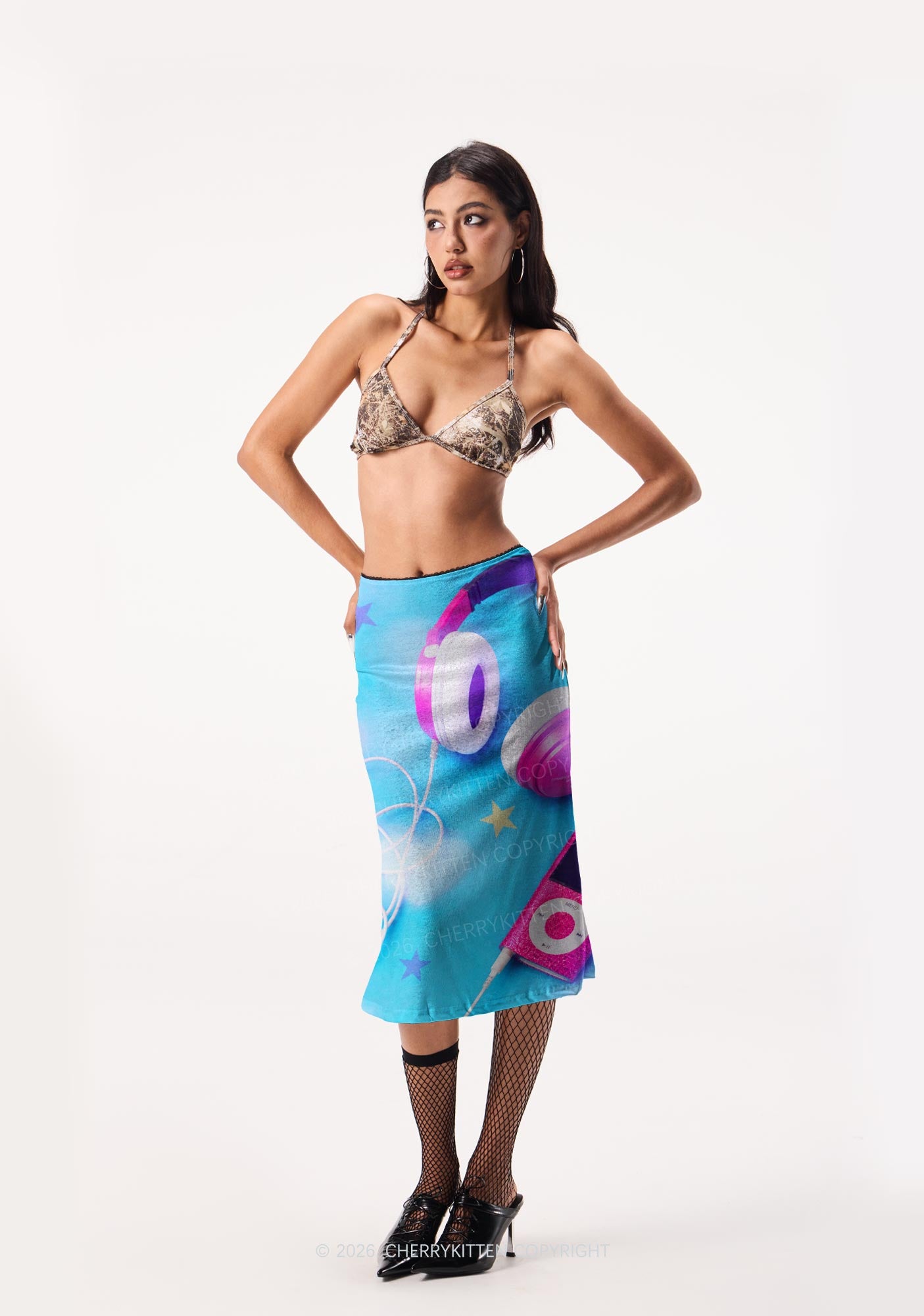 Retro Pink Headphone Y2K Print Midi Skirt Cherrykitten