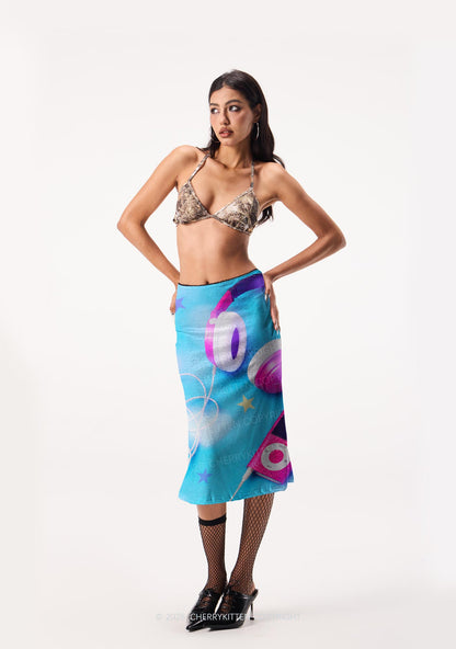 Retro Pink Headphone Y2K Print Midi Skirt Cherrykitten