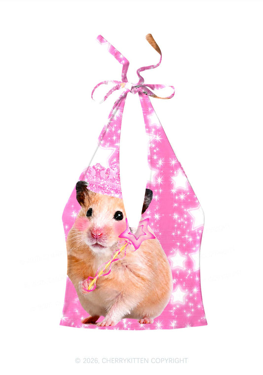 Rat Princess Y2K Print Halter Deep V Neck Cami Cherrykitten