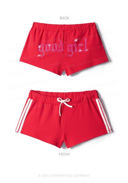 Rhinestone Good Girl Y2K Drawstring Mini Shorts Cherrykitten