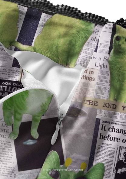 Green Alien Kitten Y2K Print Midi Skirt Cherrykitten