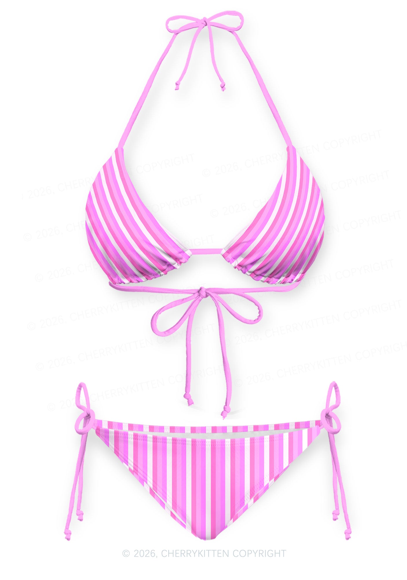 Pink Vertical Stripe Y2K Print Bikini Set Cherrykitten