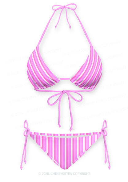 Pink Vertical Stripe Y2K Print Bikini Set Cherrykitten