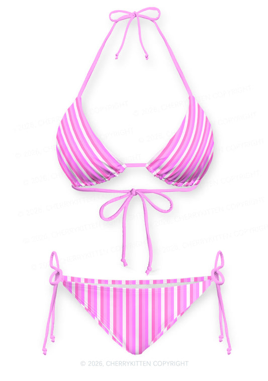 Pink Vertical Stripe Y2K Print Bikini Set Cherrykitten