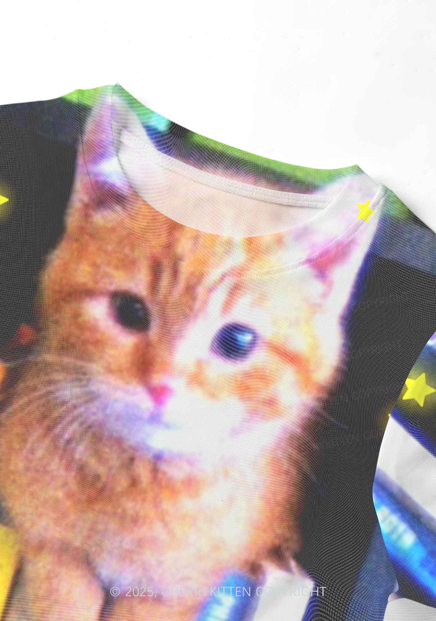 Feline Bookworm Y2K Mesh Crop Top Cherrykitten
