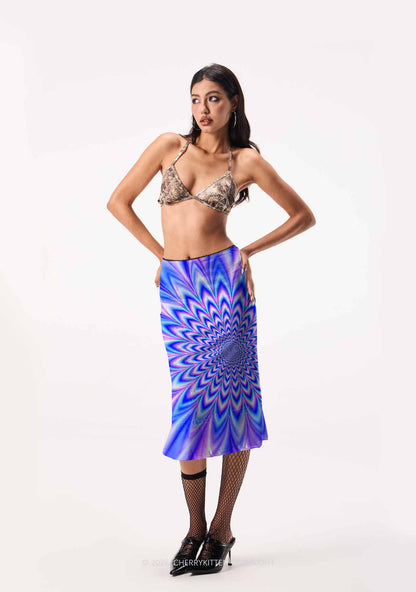 Blue Vortex Optical Illusion Y2K Print Midi Skirt Cherrykitten