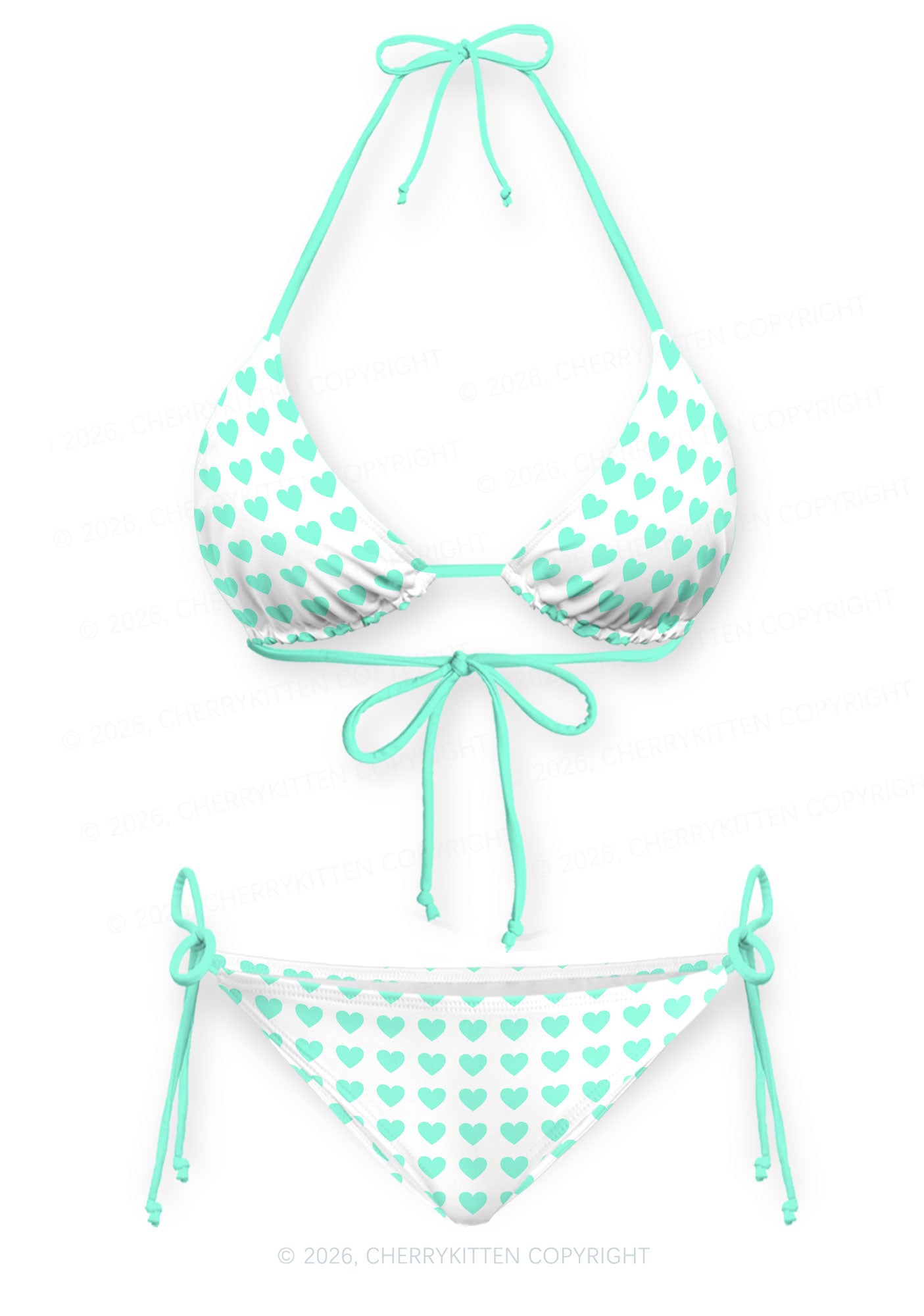 Mint Green Heart On White Y2K Print Bikini Set Cherrykitten