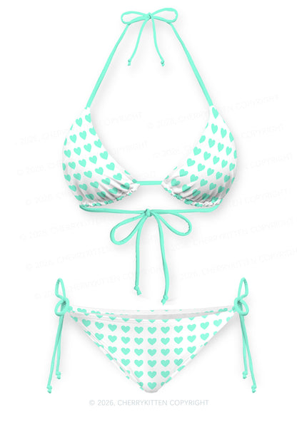 Mint Green Heart On White Y2K Print Bikini Set Cherrykitten