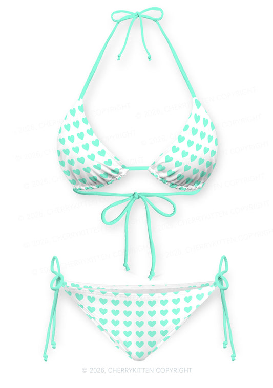 Mint Green Heart On White Y2K Print Bikini Set Cherrykitten