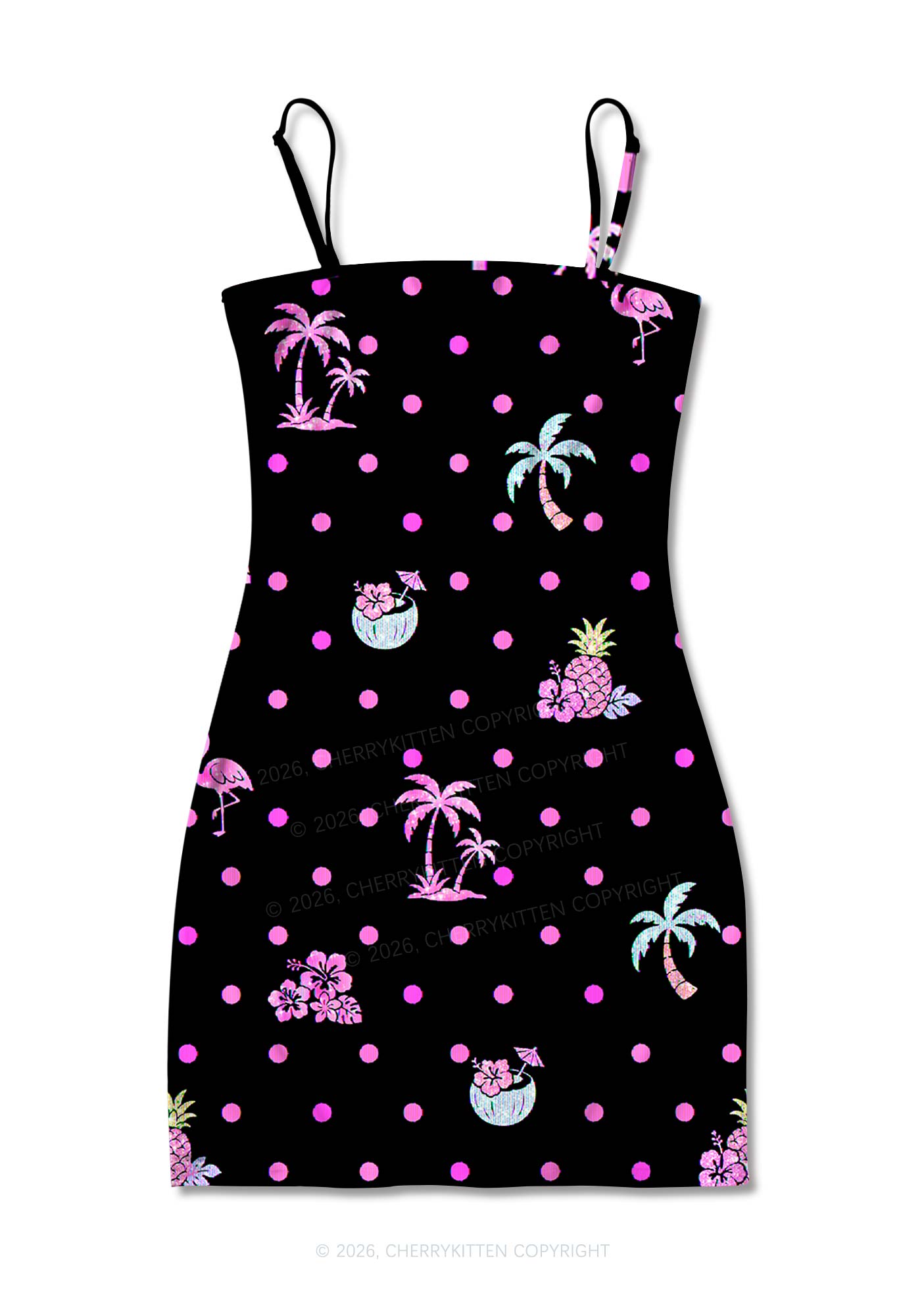 Pink Dots Palm Tree Y2K Print Slip Dress Cherrykitten