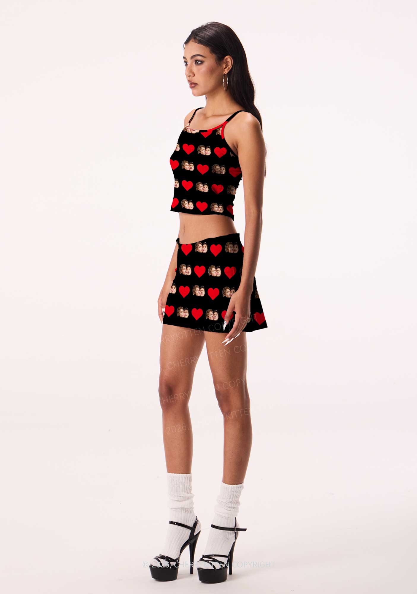 Black Red Heart Gay Couple HR Y2K Print Cami Crop Top Cherrykitten