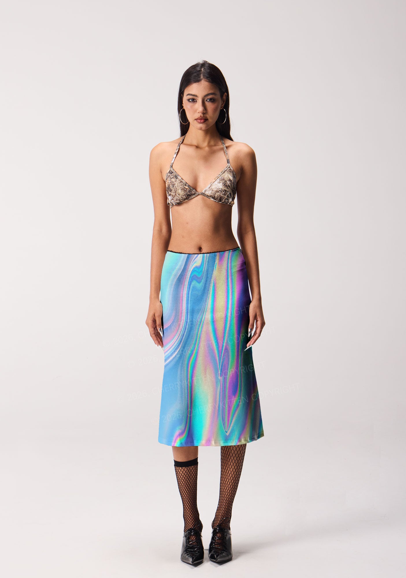 Holographic Iridescent Swirl Y2K Print Midi Skirt Cherrykitten