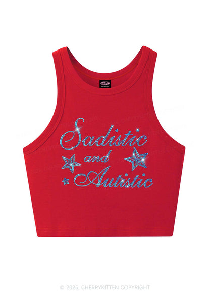 Rhinestone Sadistic And Autistic Y2K Crop Tank Top Cherrykitten