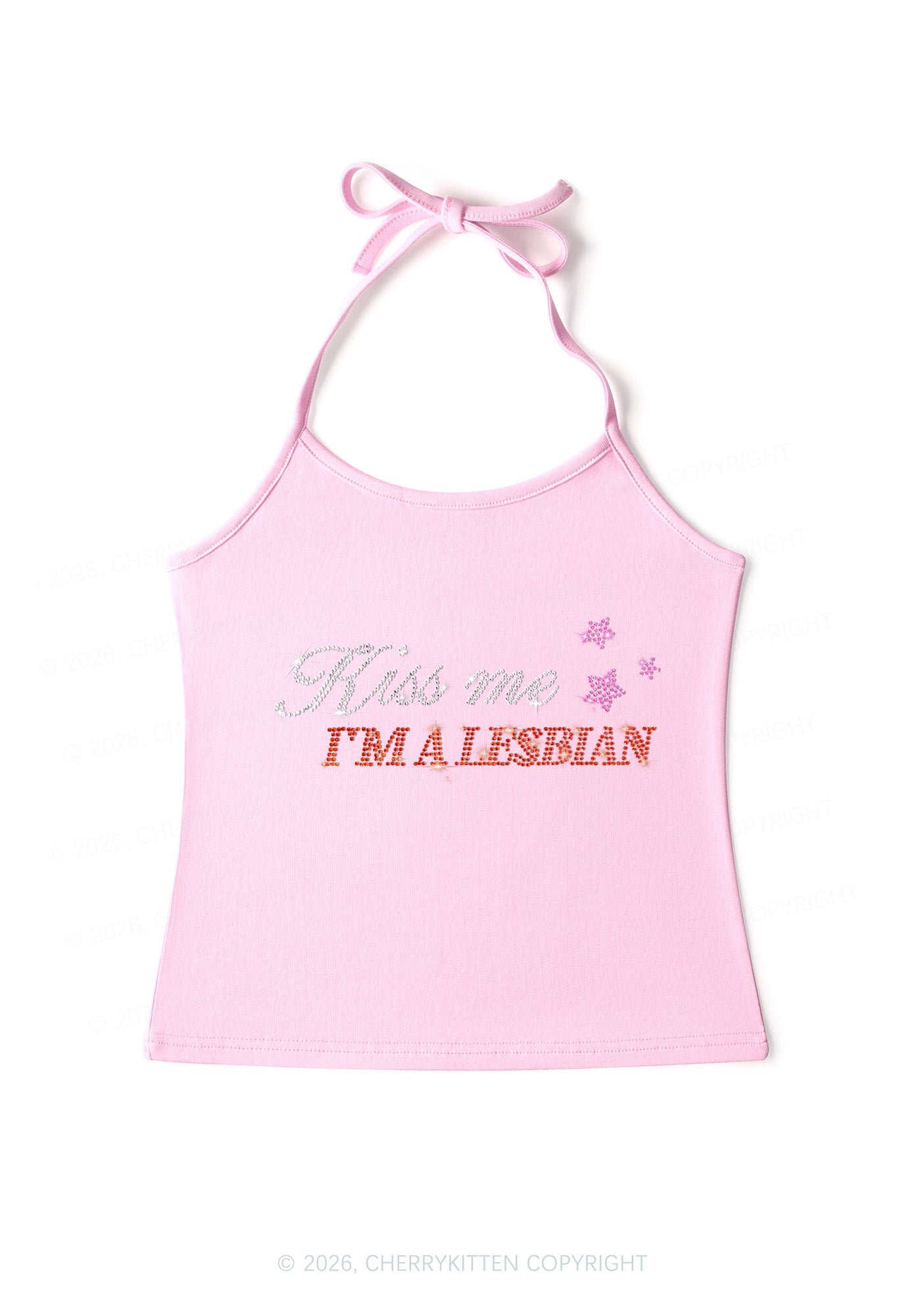 Rhinestone Kiss Me Im A Lesbian Pride Y2K Halter Neck Cami Cherrykitten