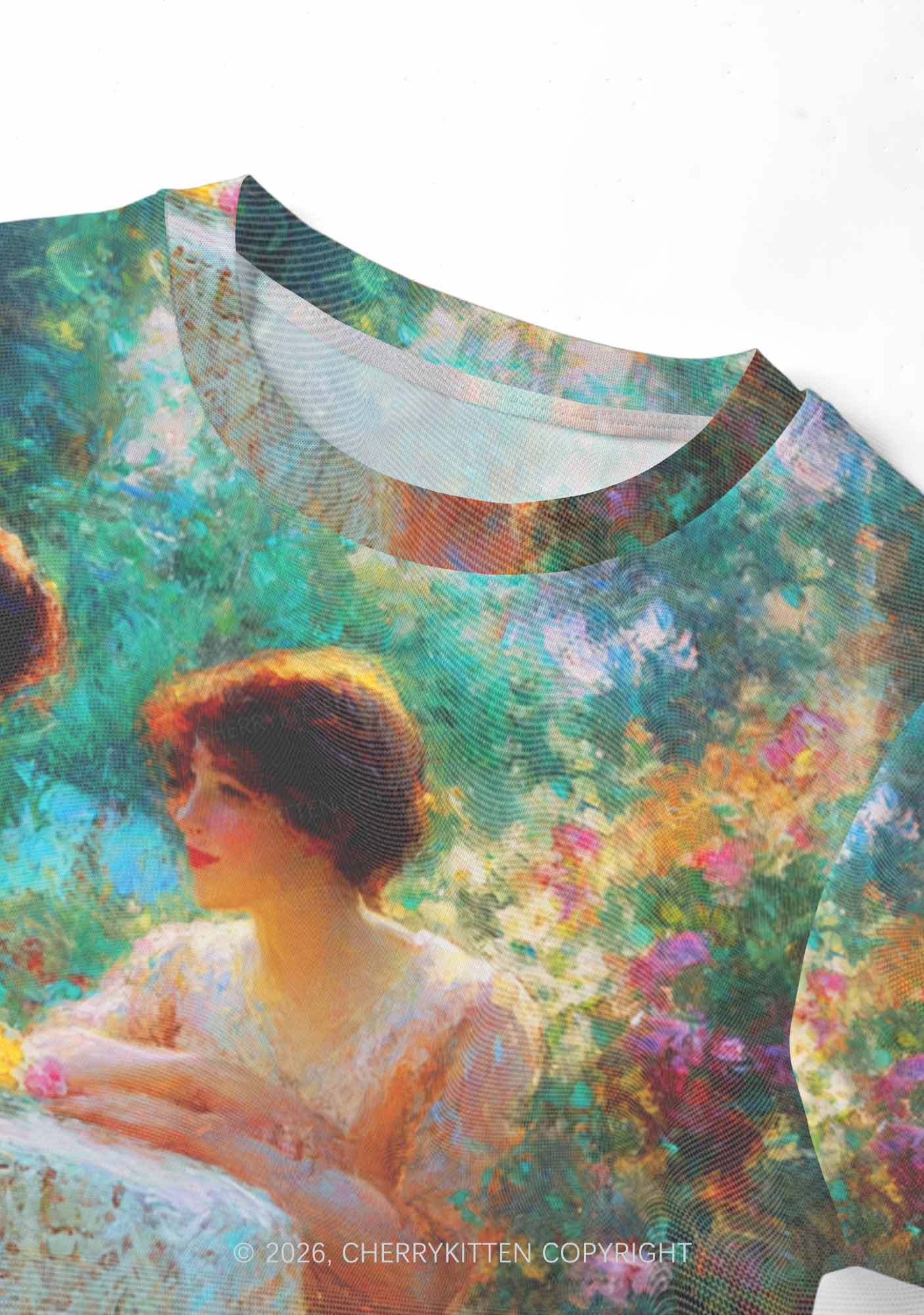 Garden Tea Scene Art Pride Y2K Mesh Crop Top Cherrykitten
