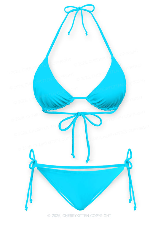 Sky Blue Plain Y2K Print Bikini Set Cherrykitten
