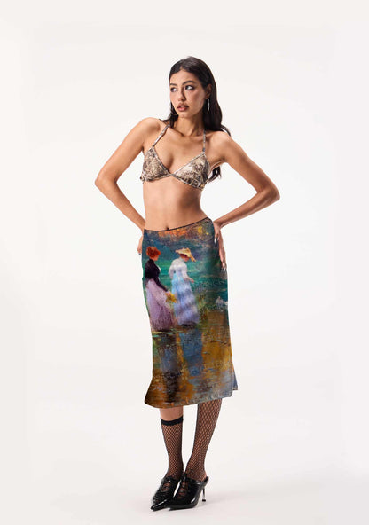 Sunset Pond Swans Pride Y2K Print Midi Skirt Cherrykitten
