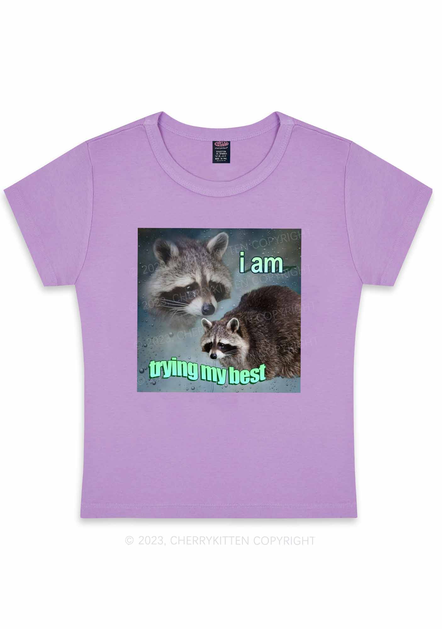 Curvy I Am Trying My Best Raccoon Y2K Baby Tee Cherrykitten