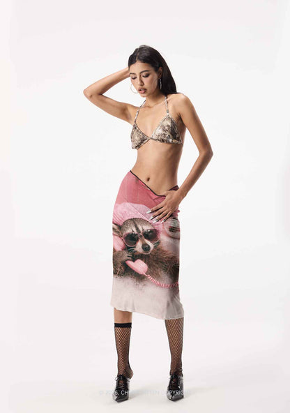 Pink Spa Raccoon Y2K Print Midi Skirt Cherrykitten