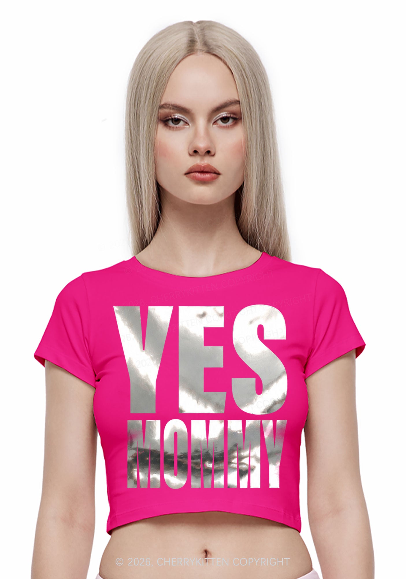 Yes Mommy Silver Foil Printed Y2K Baby Tee Cherrykitten