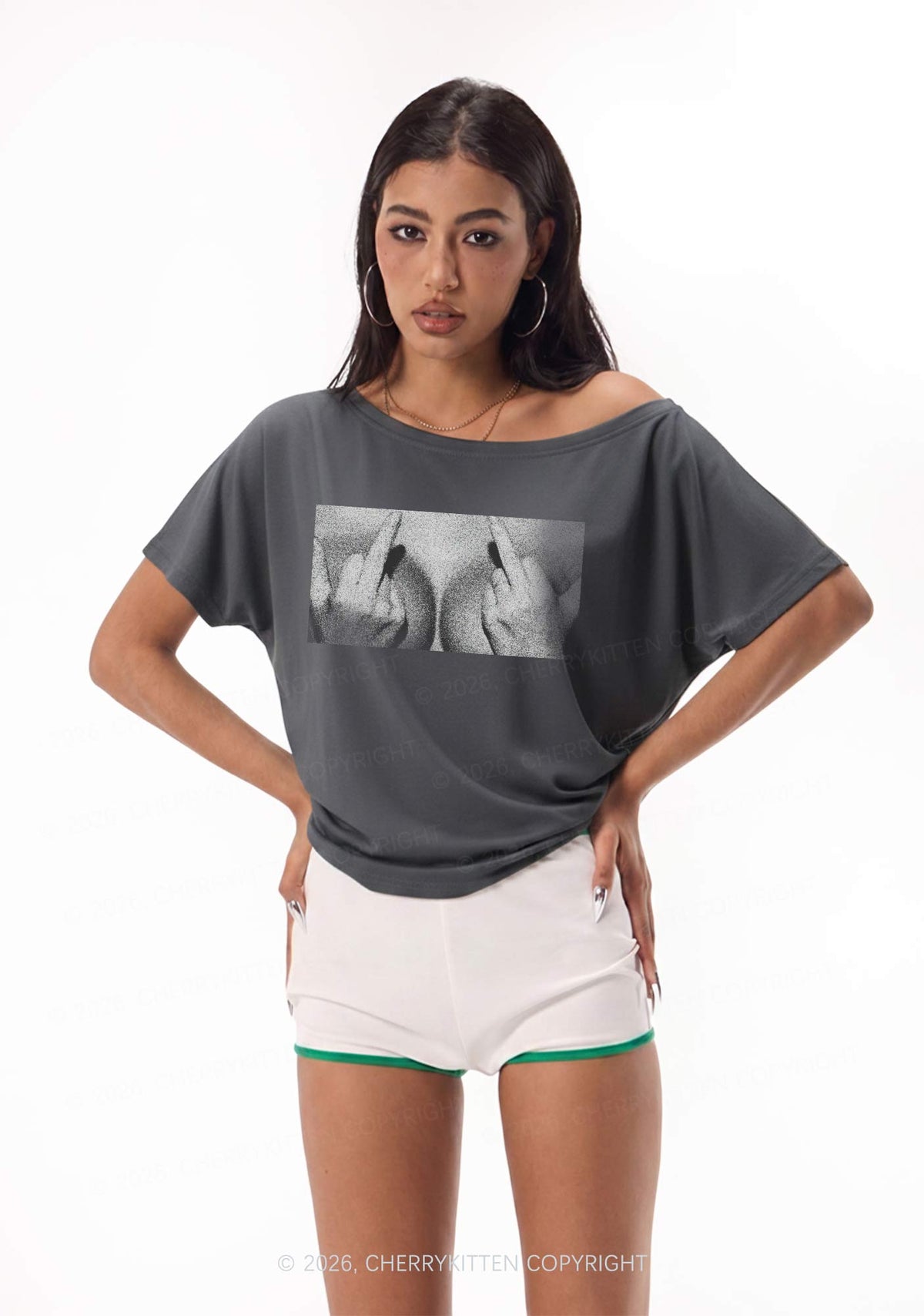 Middle Finger Bxxbs Y2K Off Shoulder Tee Cherrykitten