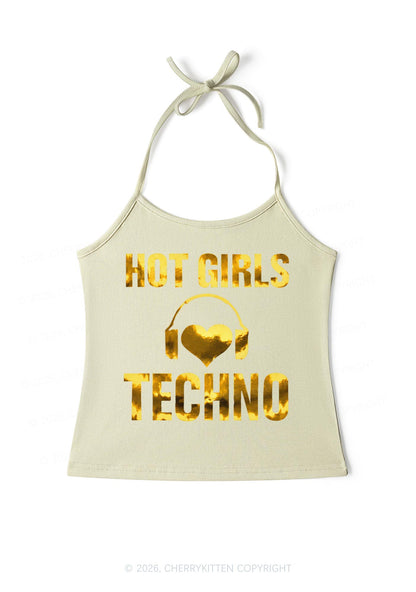 Hot Girls Love Techno Silver Foil Printed Y2K Halter Neck Cami Cherrykitten