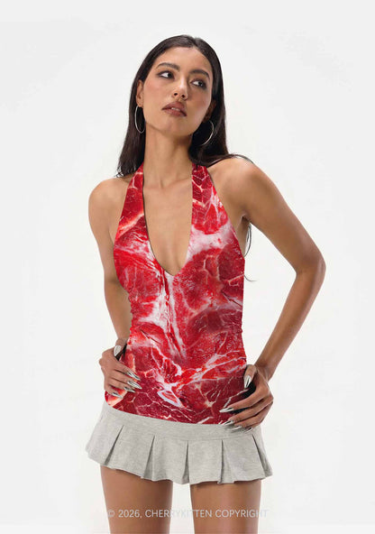 Beef Steak Texture Y2K Print Halter Deep V Neck Cami Cherrykitten