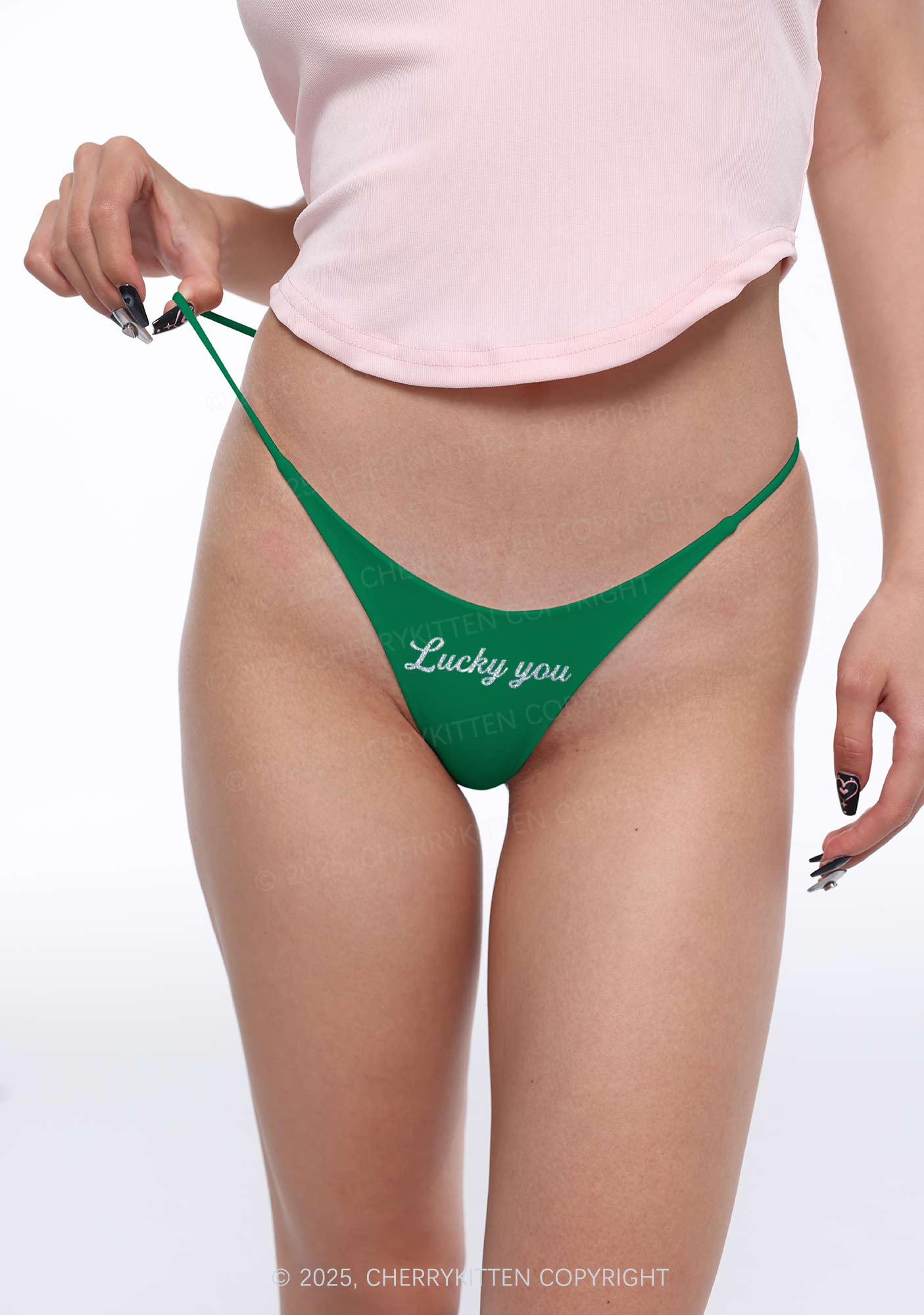 Glitter Lucky You St Patricks Y2K Bikini String Thong Cherrykitten