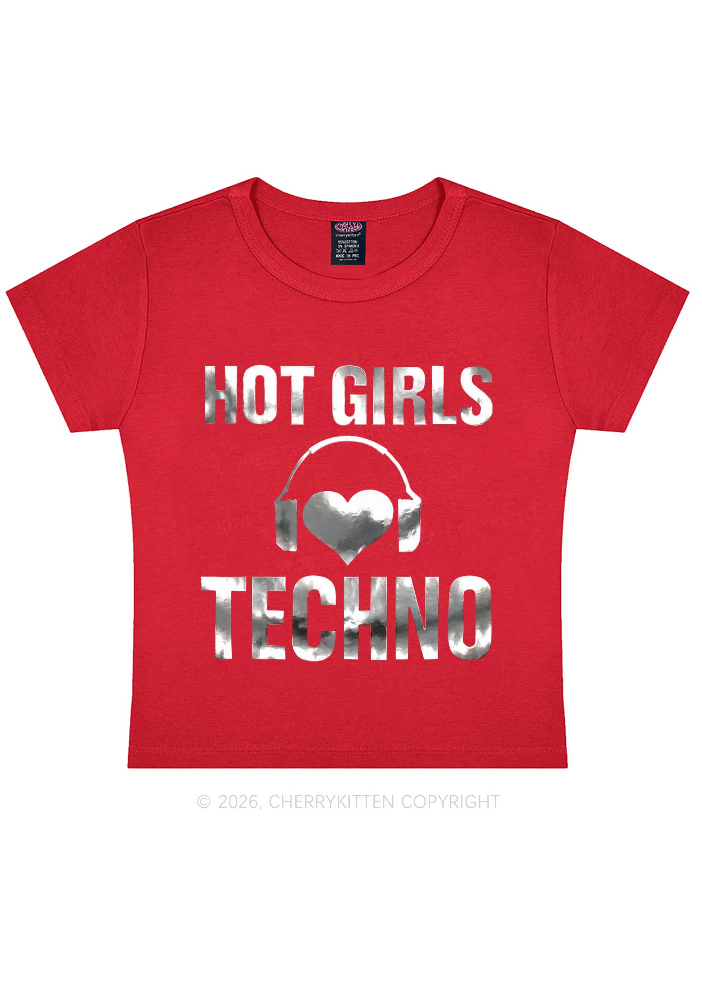 Hot Girls Love Techno Silver Foil Printed Y2K Baby Tee Cherrykitten