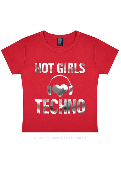 Hot Girls Love Techno Silver Foil Printed Y2K Baby Tee Cherrykitten
