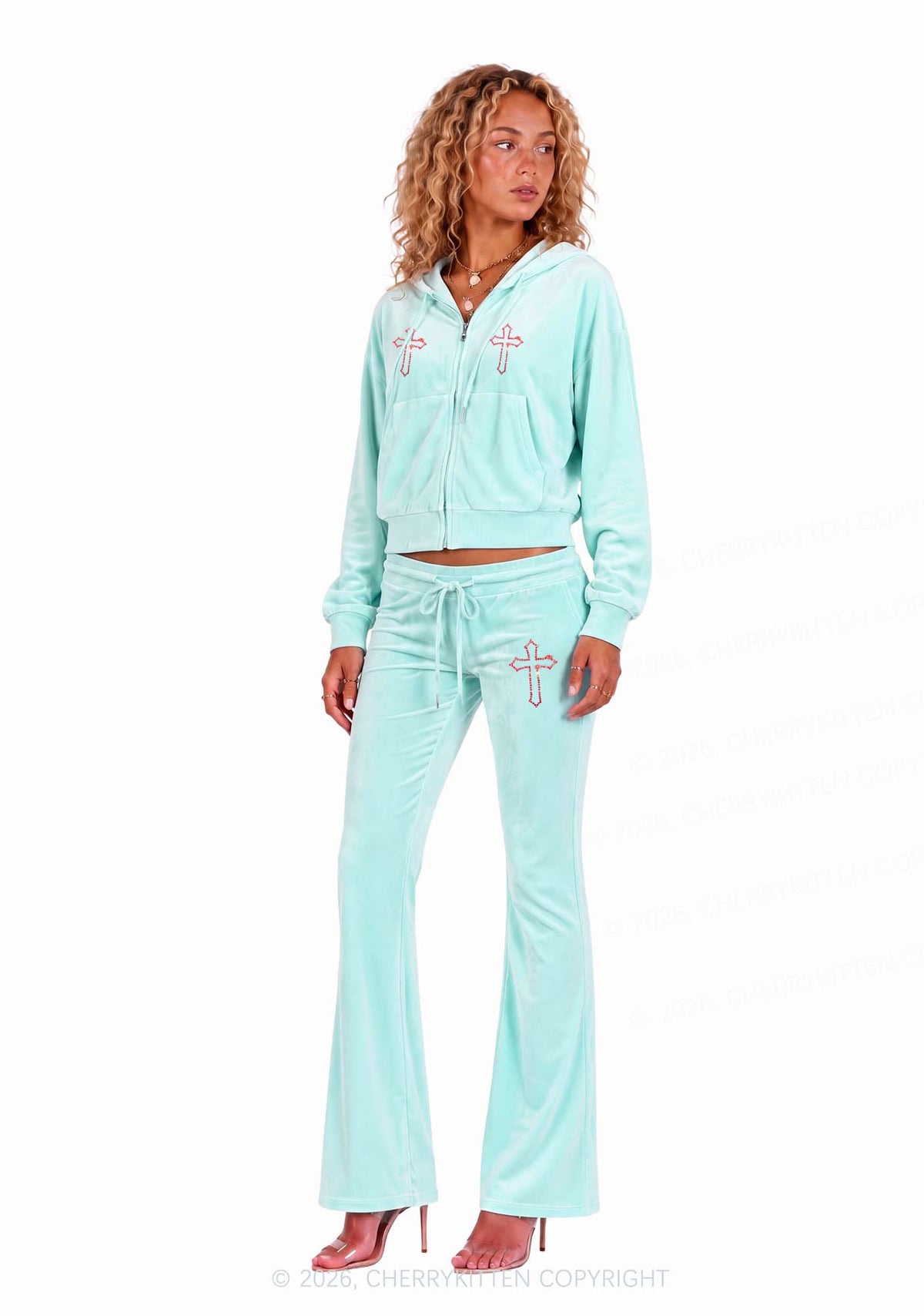 Rhinestone Red Cross Y2K Velvet Tracksuit Set Cherrykitten