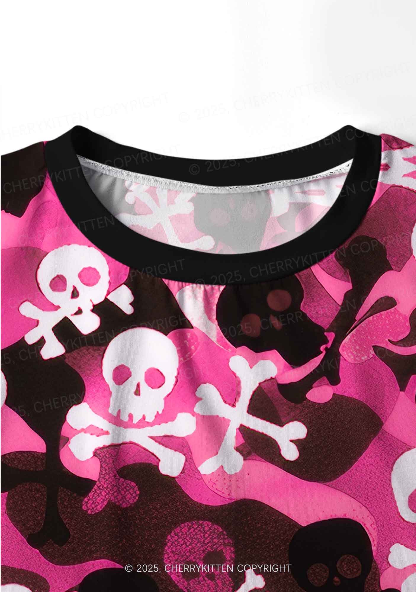 Halloween Pink Camouflage Skull Y2K Print Long Sleeve Pajama Set Cherrykitten