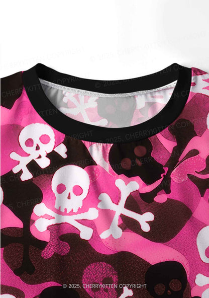 Halloween Pink Camouflage Skull Y2K Print Long Sleeve Pajama Set Cherrykitten