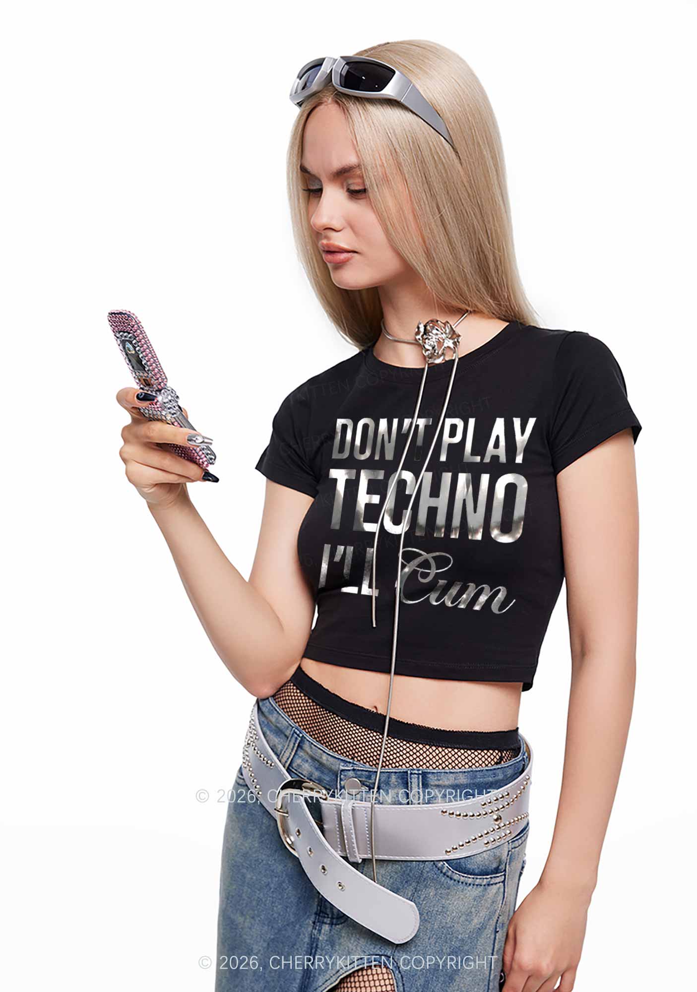 Dont Play Techno Silver Foil Printed Y2K Baby Tee Cherrykitten
