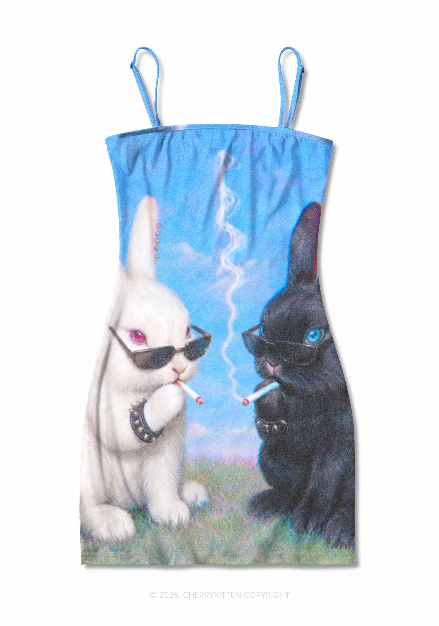 Smoking Punk Bunny Y2K Print Slip Dress Cherrykitten