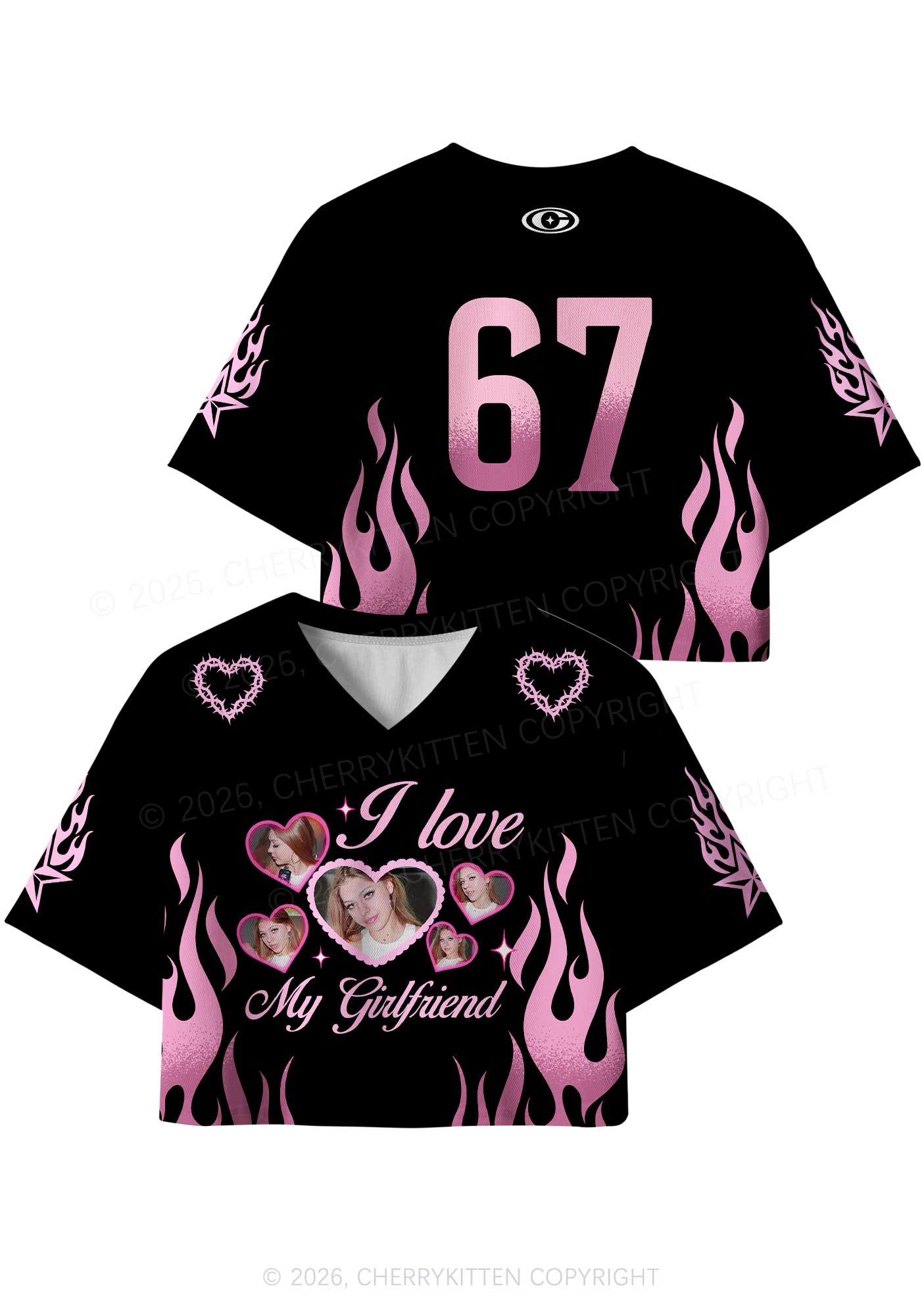 Custom Photos Pink Flame I Love My GF BF Y2K Crop Sport Jersey Shirts Cherrykitten